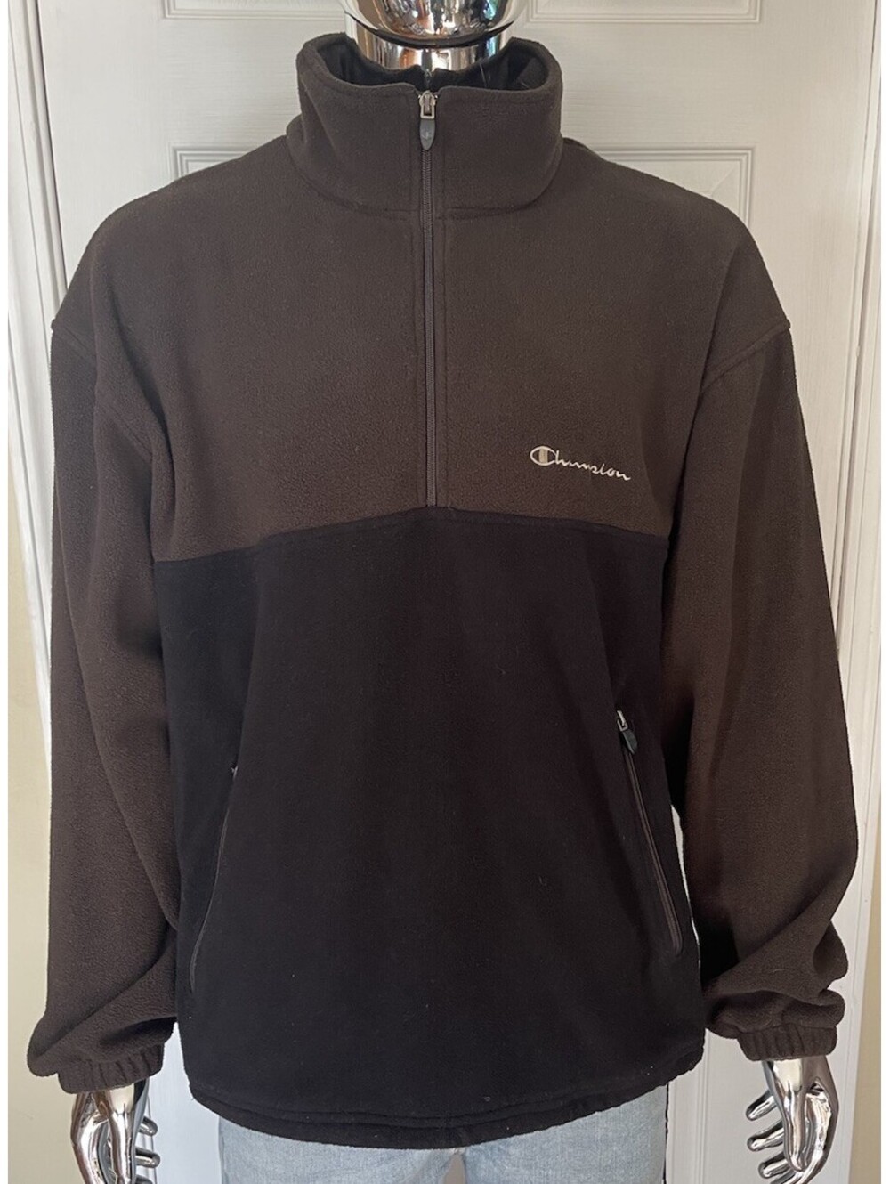 Champion Mock Neck 1/4 Zip Fleece Pullover Jacket, Brown & Black - Men's XL